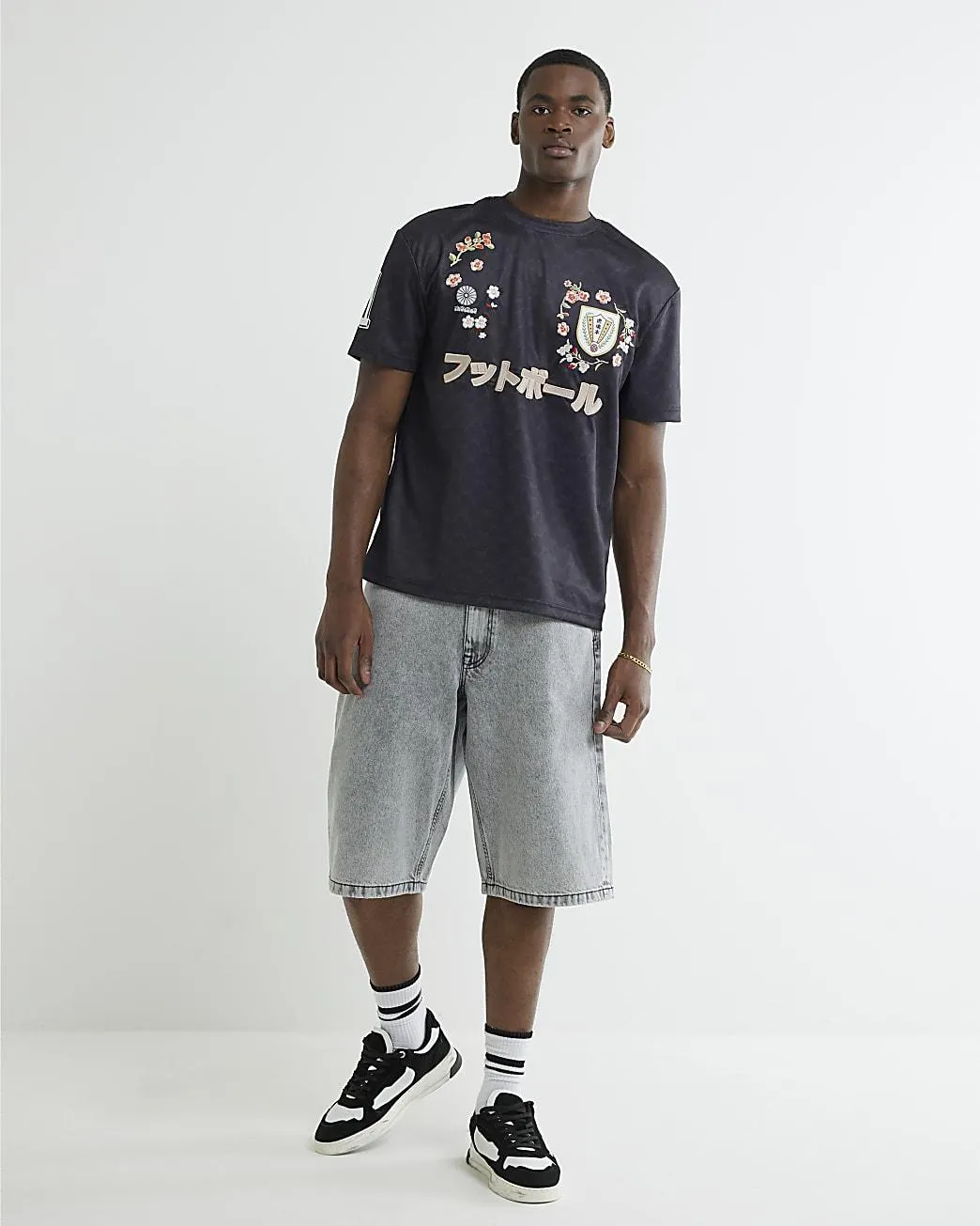 Grey Denim Embroidered Pocket Jorts