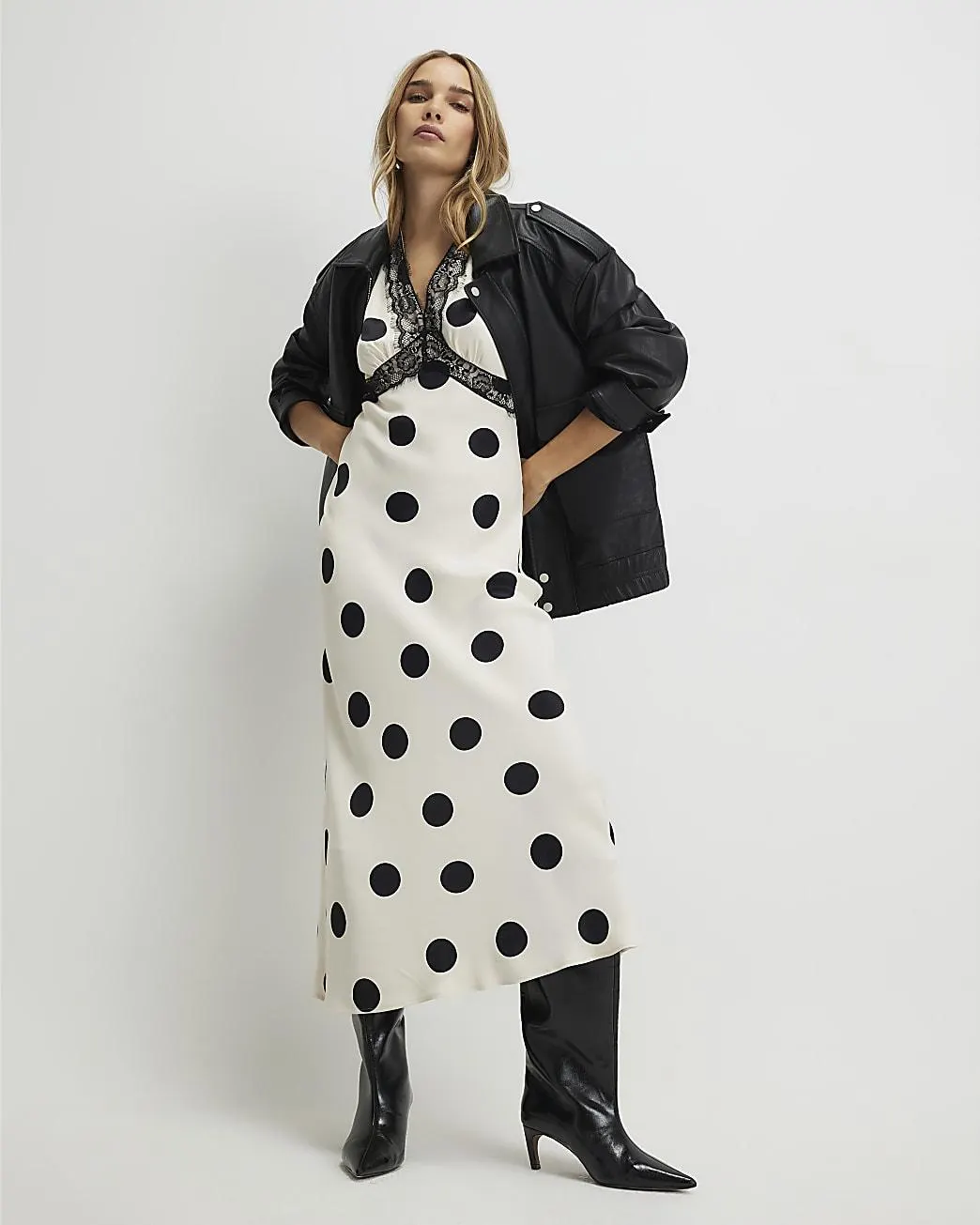 White Satin Polka Dot Midi Slip Dress