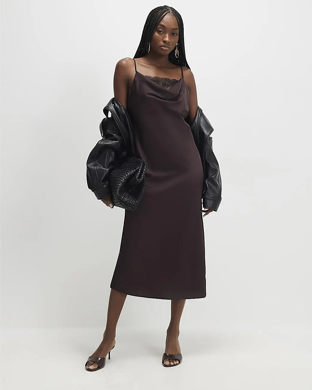 Brown Satin Cowl Neck Lace Trim Midi Dress