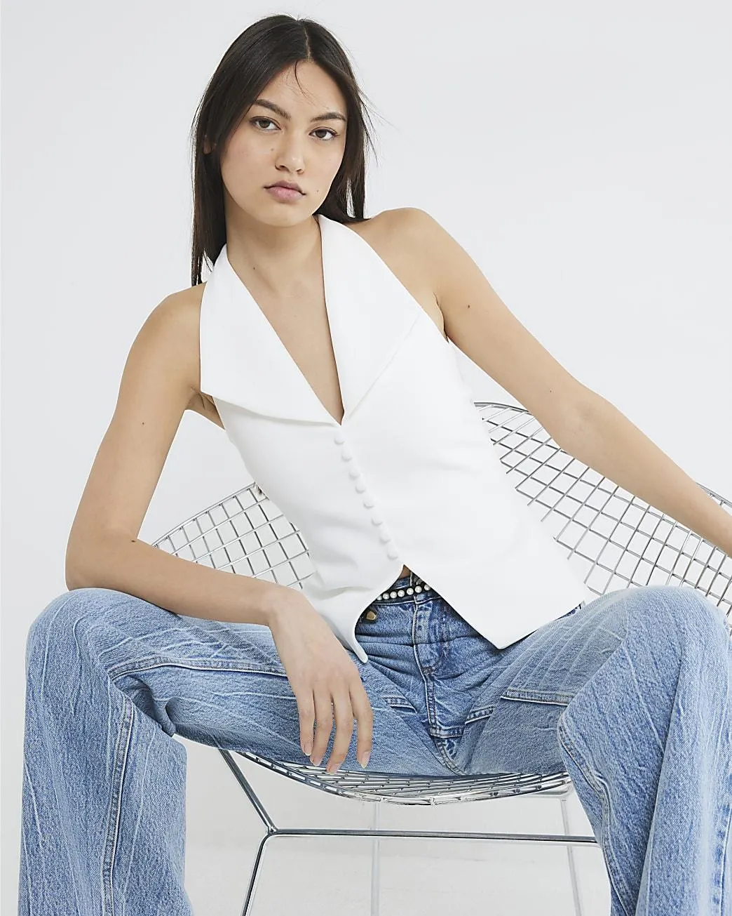 White Sleeveless Halter Neck Waistcoat