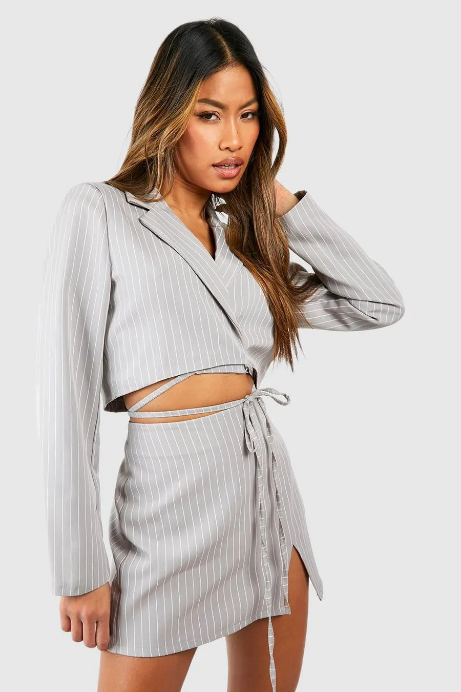 Pinstripe Tie Waist Cropped Blazer