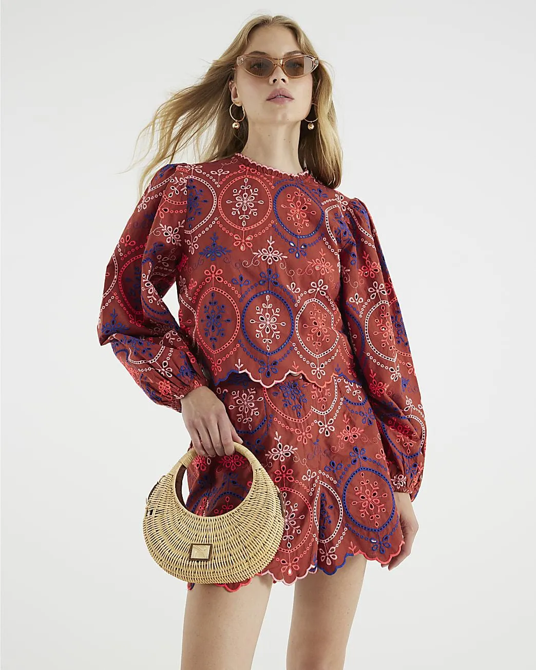 Red Long Sleeve Cutwork Detail Blouse