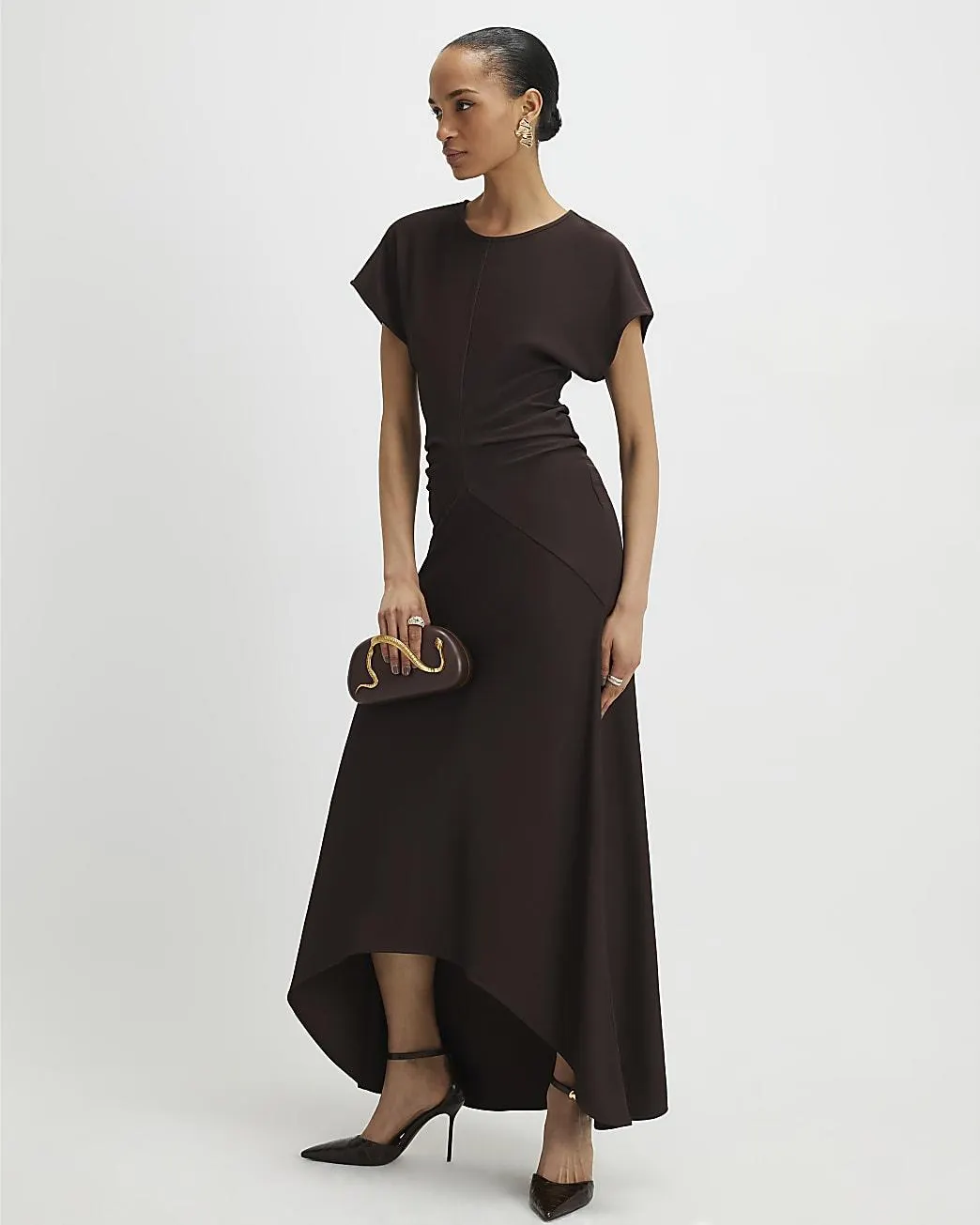 Brown Short Sleeve Cinched Waist Maxi Dress
