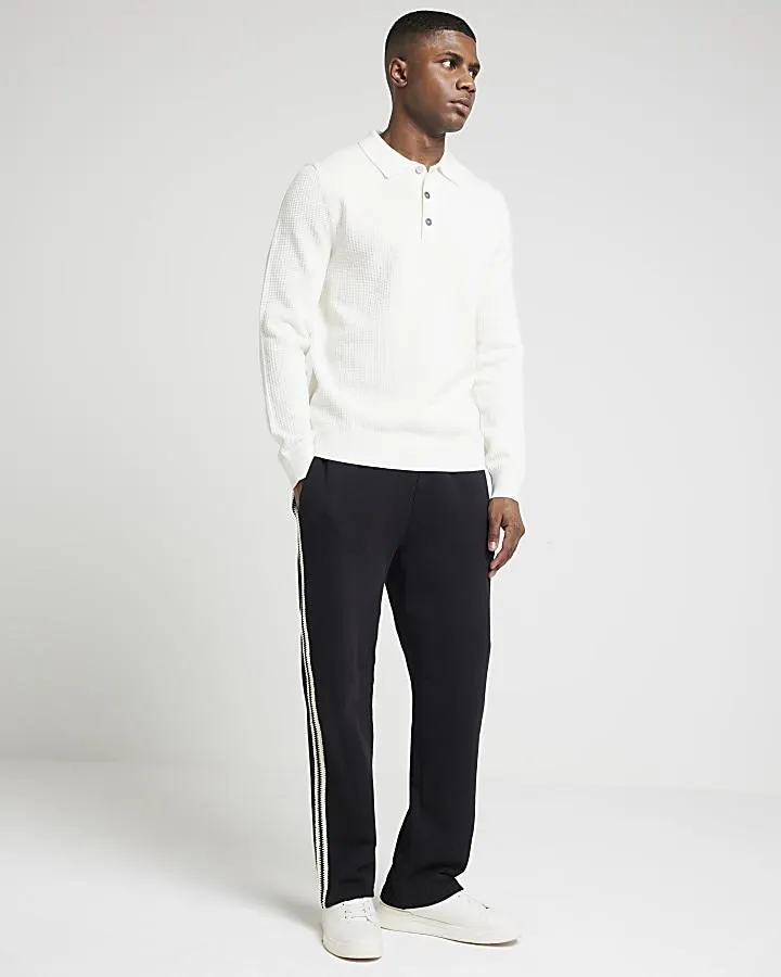 Ecru slim fit waffle knit polo shirt
