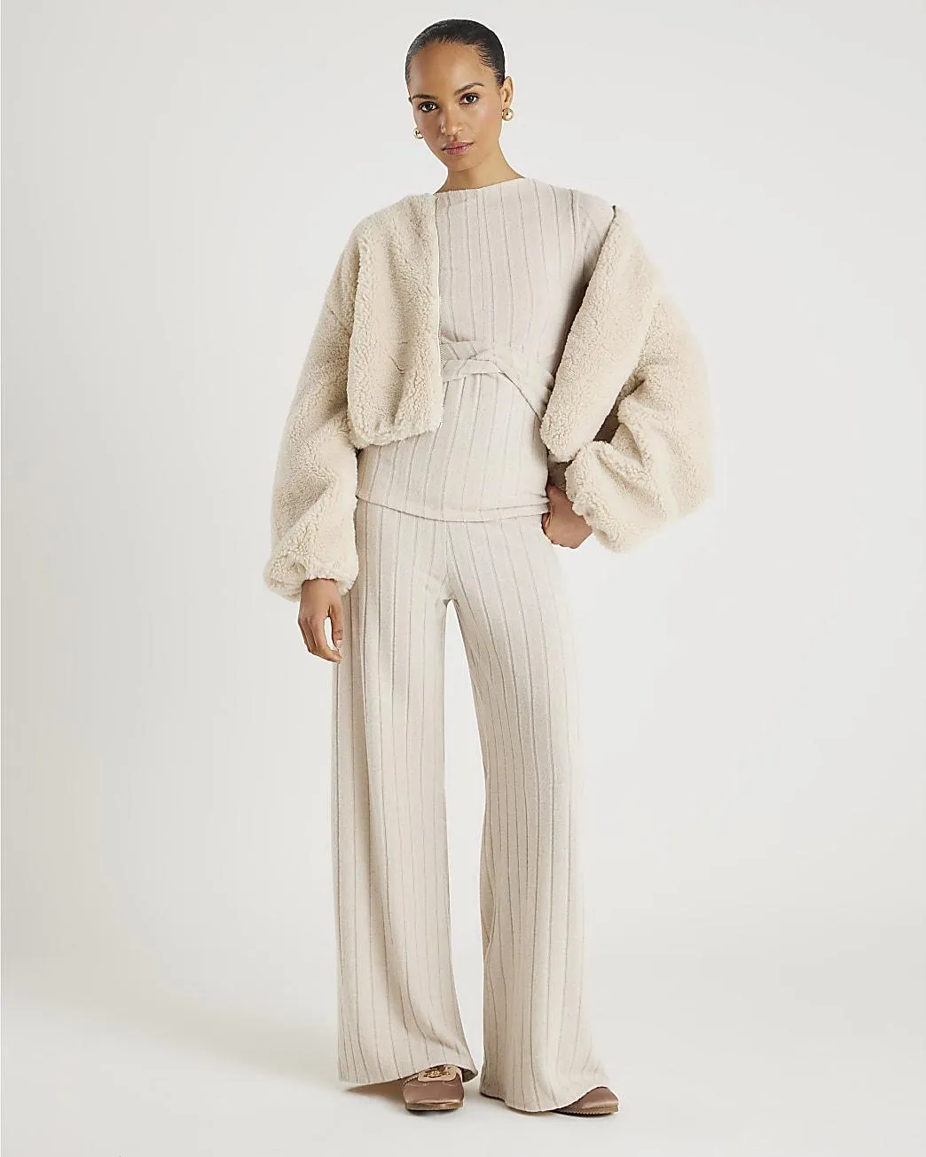 Beige Cosy Wide Leg Ribbed Trousers