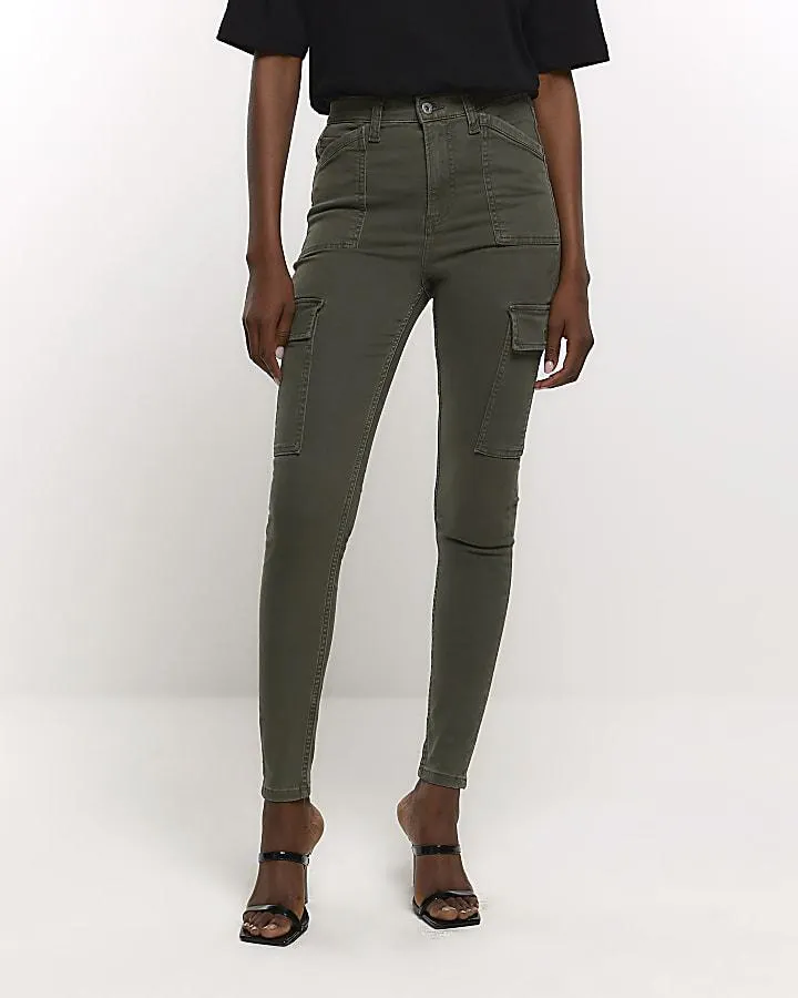 Khaki high waisted skinny cargo jeggings