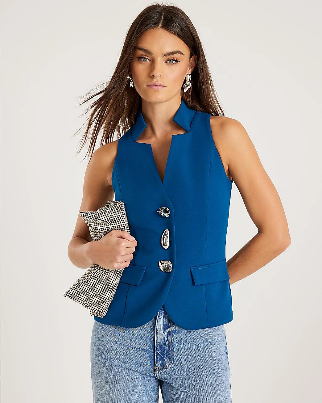 Blue Sleeveless Button Waistcoat