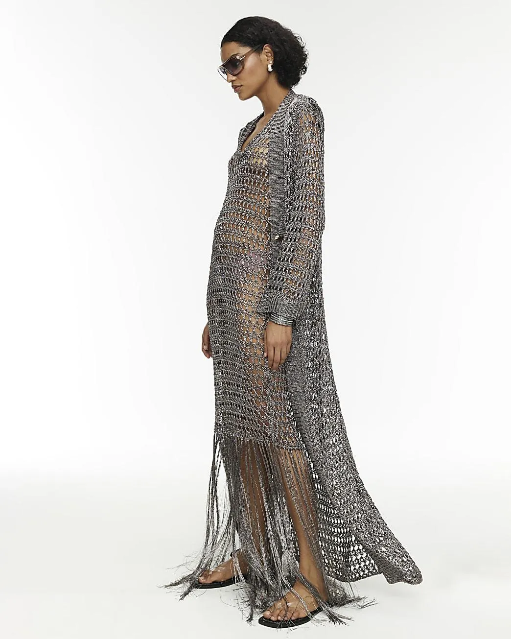 RI Studio Metallic Grey Maxi Crochet Cardigan