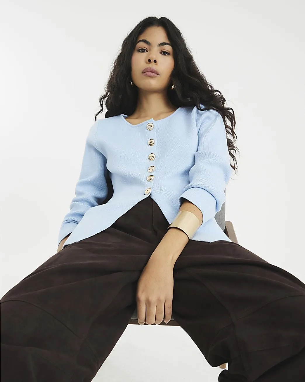 Blue Knit Button Cardigan