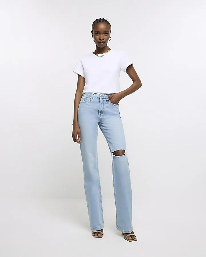 Blue high waist stove pipe straight leg jeans