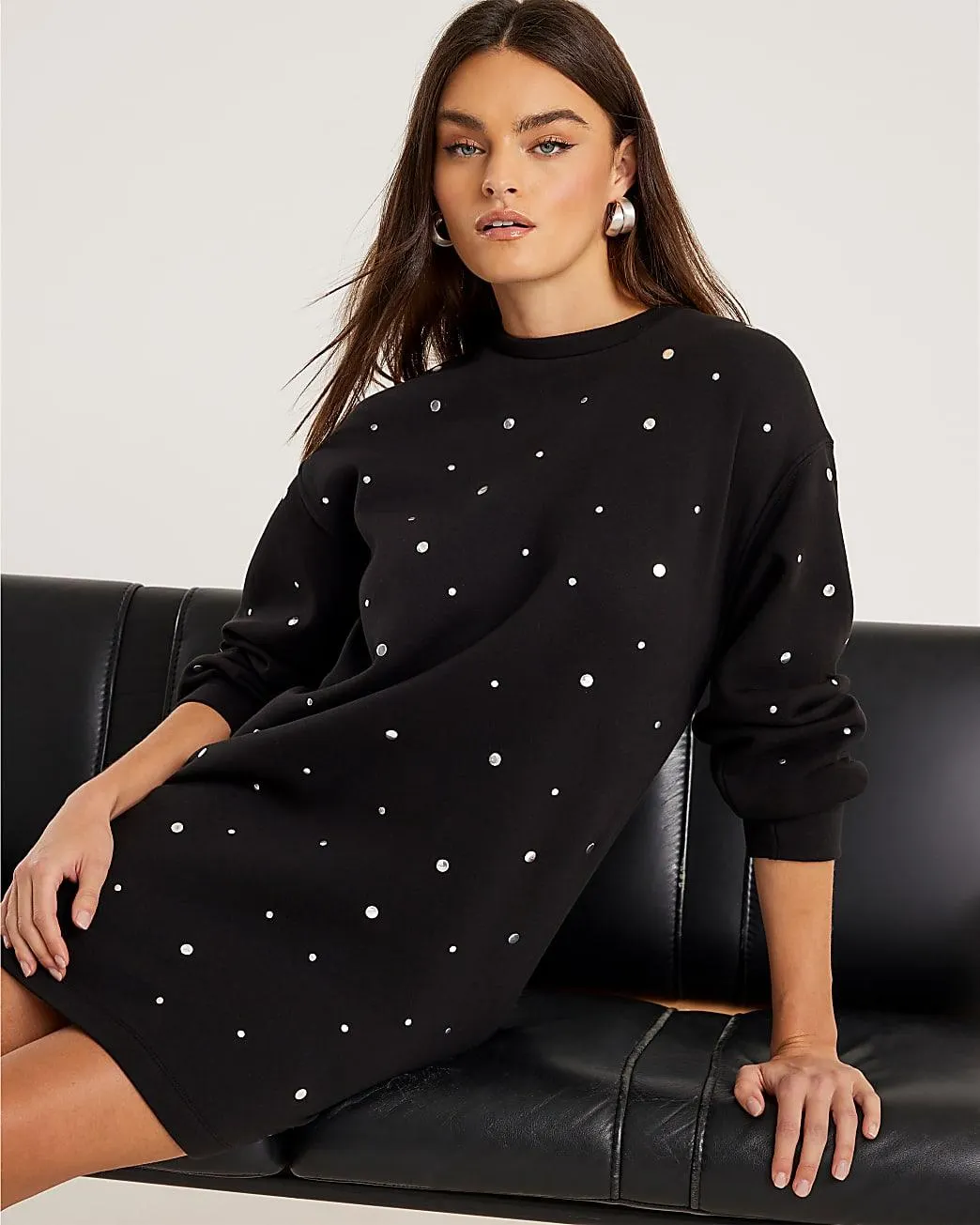 Black Long Sleeve Studded Sweat Dress
