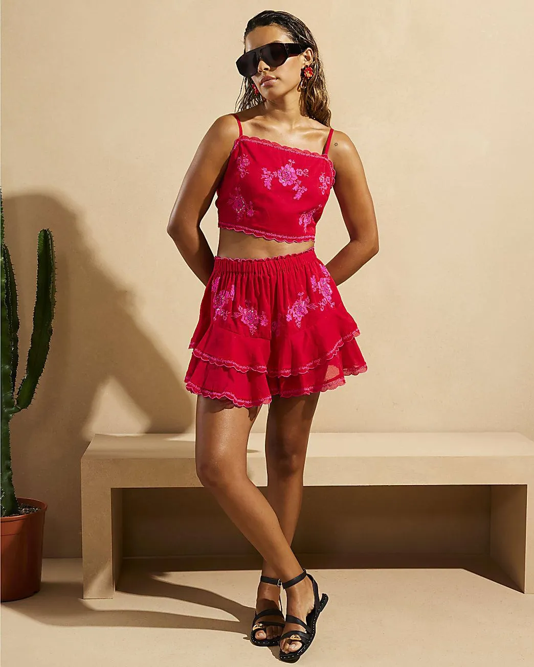 Red Del Maar Embroidered Shorts