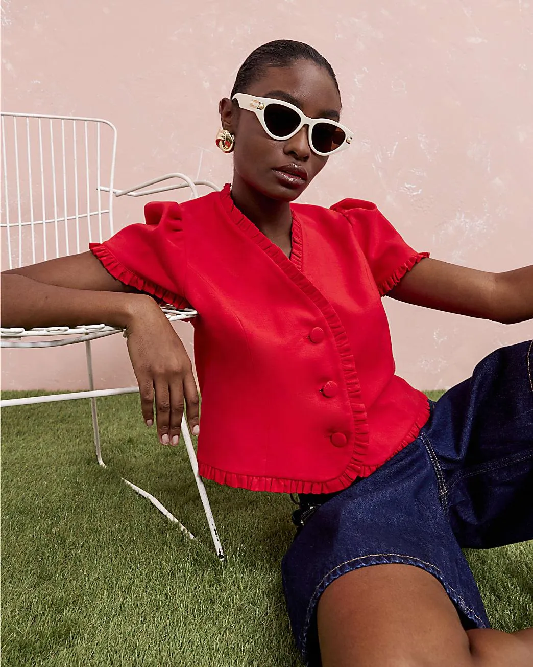 Red Frill Linen Blend Tailored Top