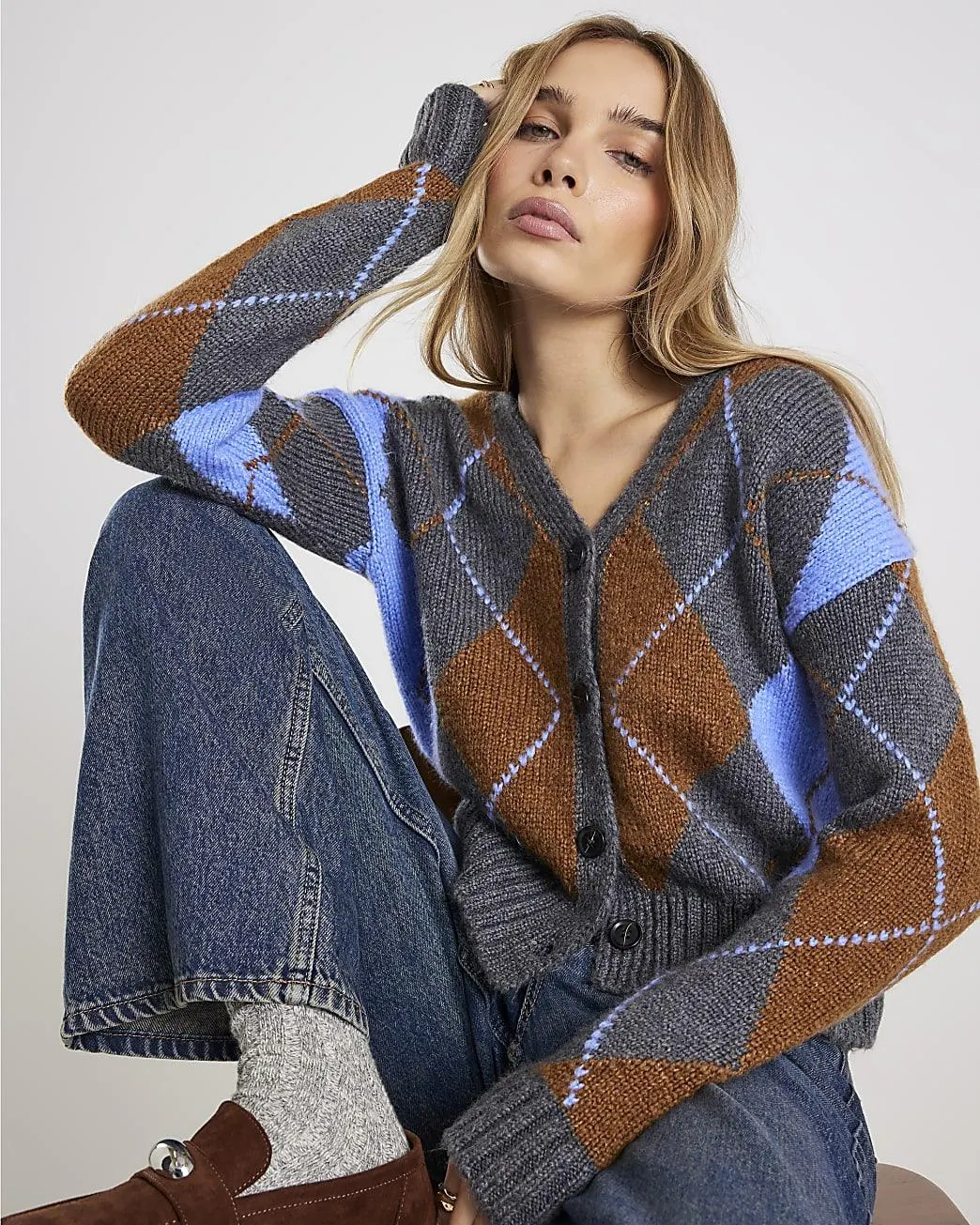 Grey Knitted V Neck Argyle Print Cardigan