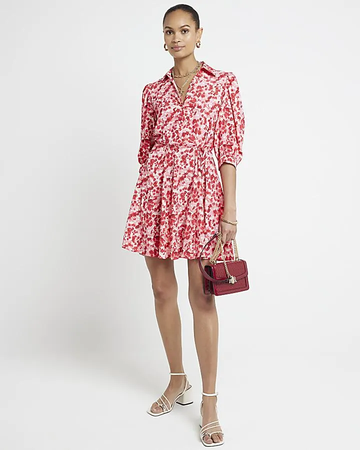 Red floral belted mini shirt dress
