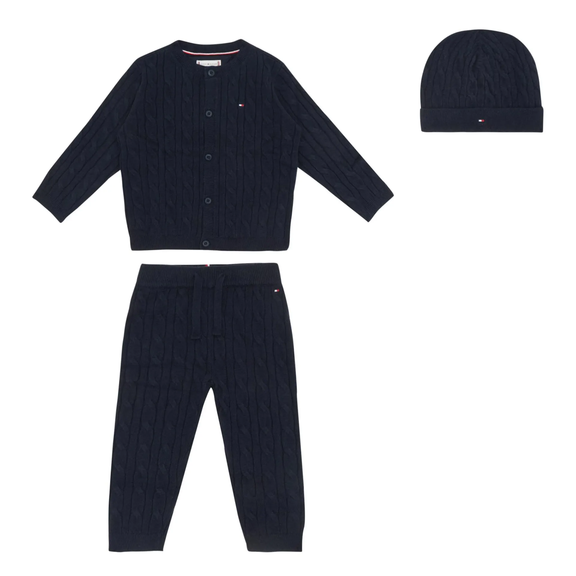 Flag Cable Knit Cardigan, Trousers & Hat Three-Piece Set