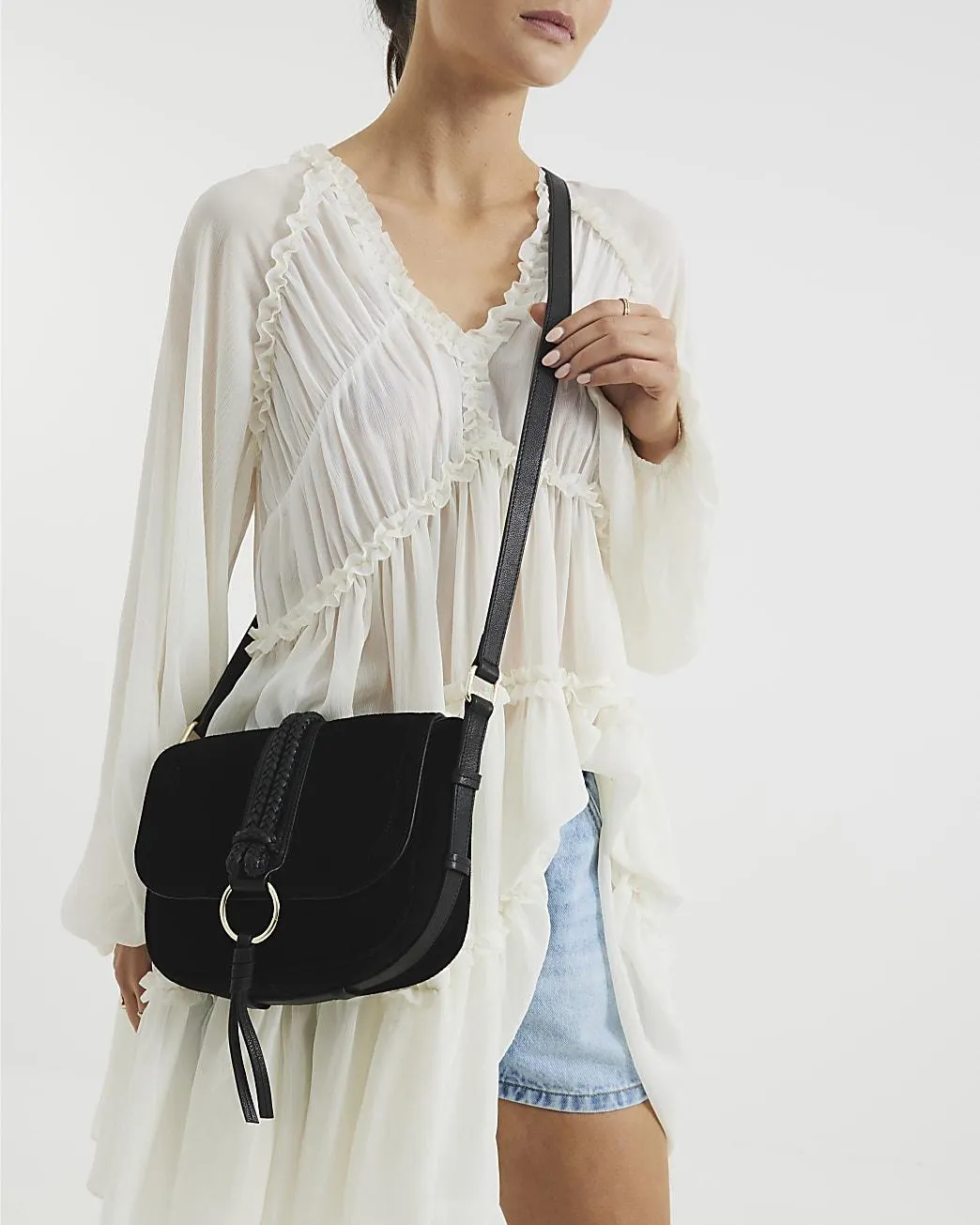Black Suede Braided Shoulder Bag