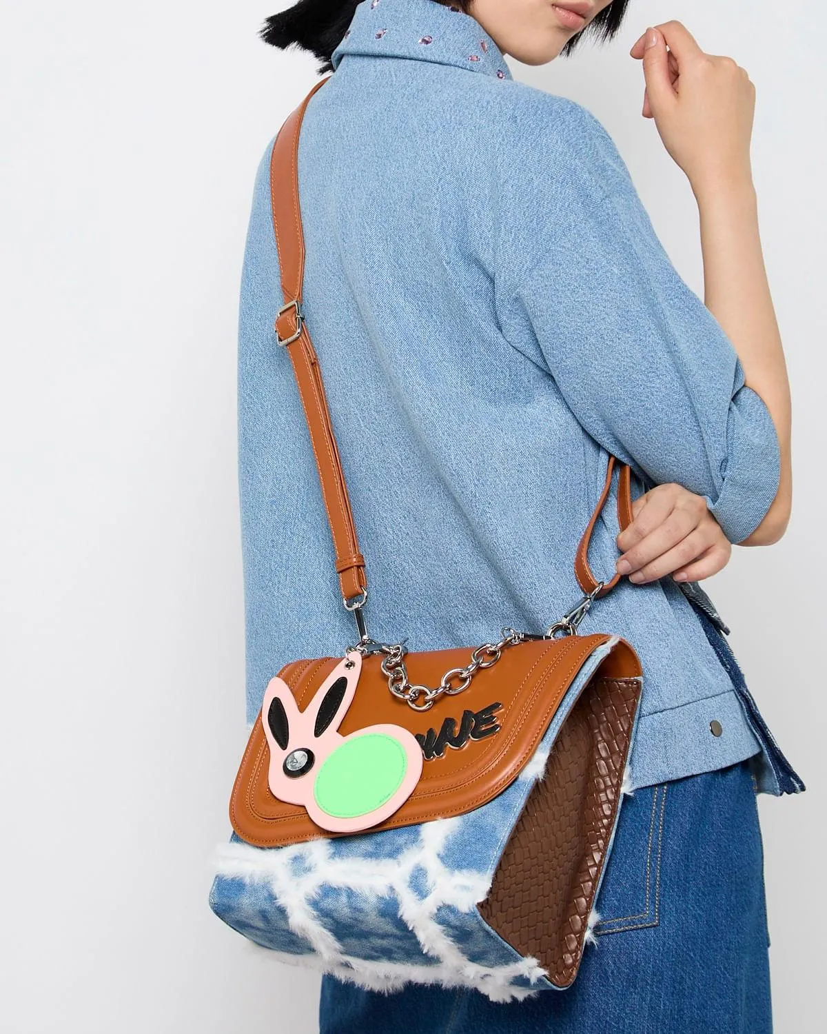 Joanne Hynes 'MINE' Faux-Feather Denim Satchel Bag With PU Rabbit Keyring