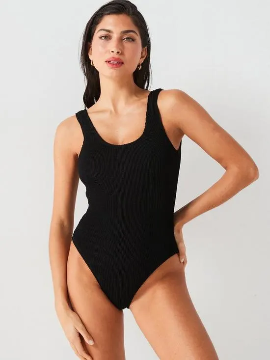 Crinkle Scoop Neck Swimsuit - Black