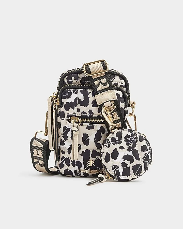 Beige leopard Quilted Phone Cross Body Bag