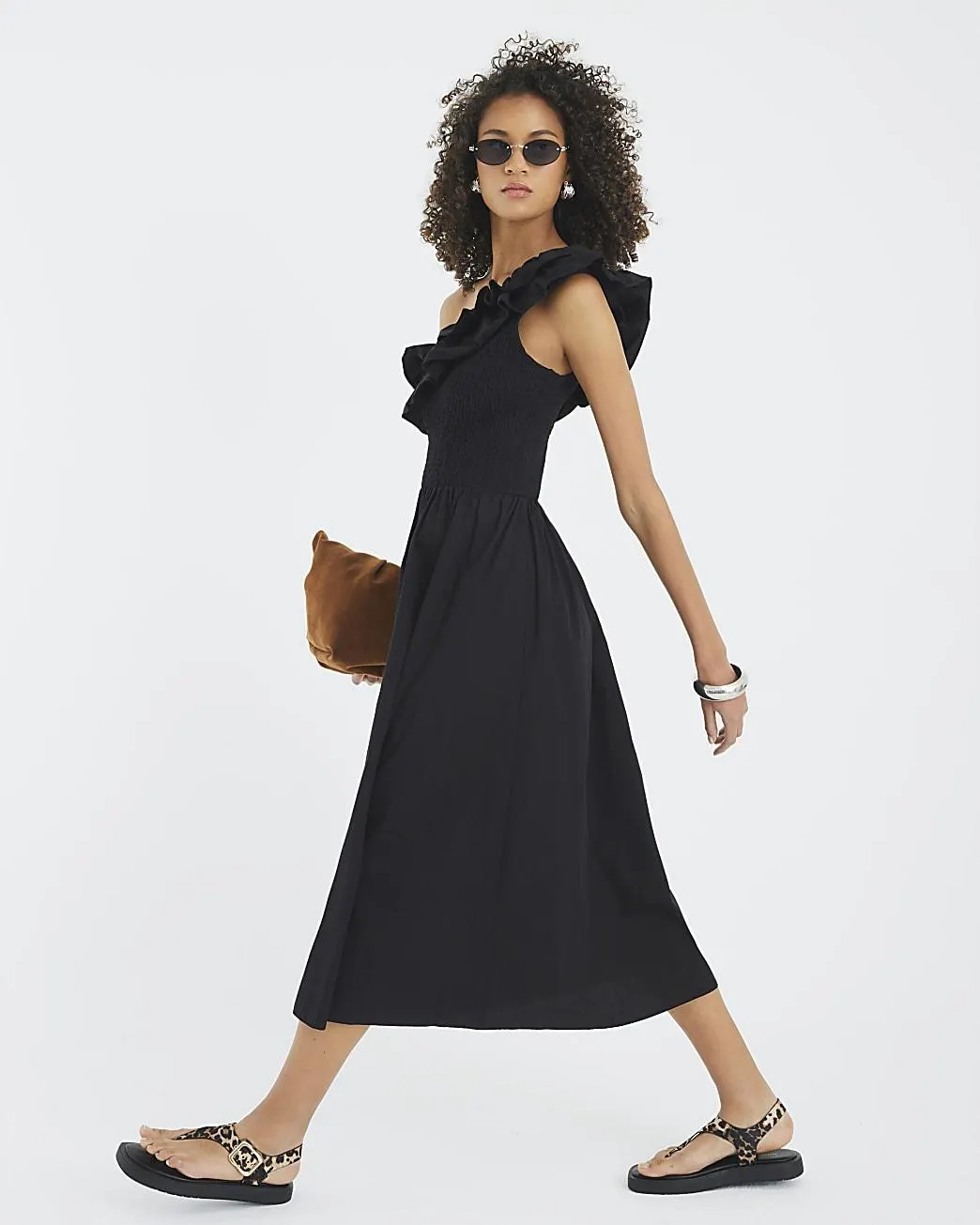 Black One Shoulder Shirred Midi Dress
