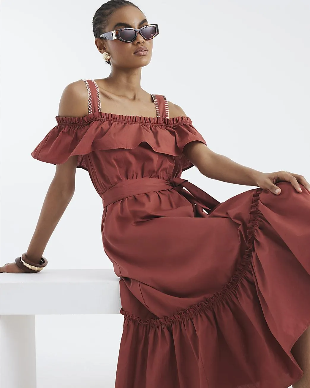 Brown Bardot Whipstitch Detail Midi Dress