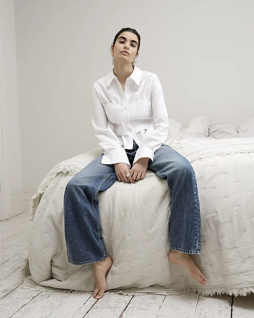 White Long Sleeve Corset Detail Shirt