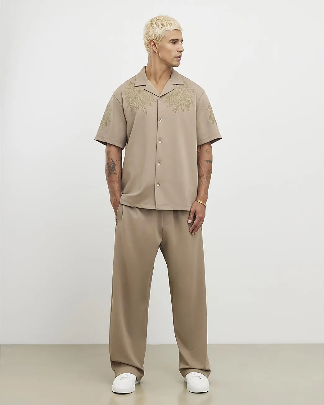 Khaki Wide Leg Twill Joggers