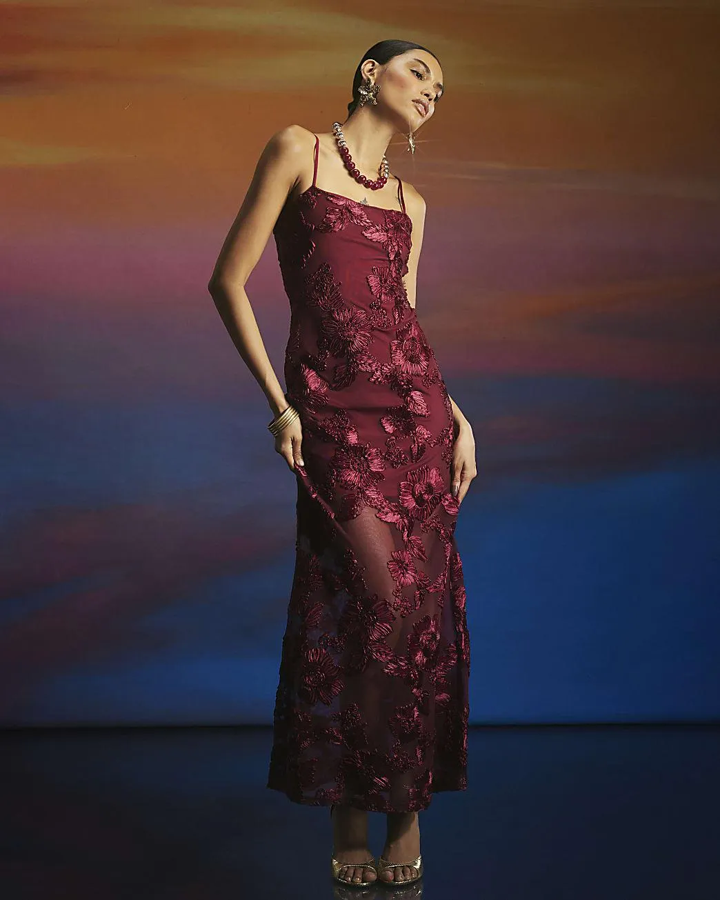 Red 3D Floral Mesh Tube Maxi Dress