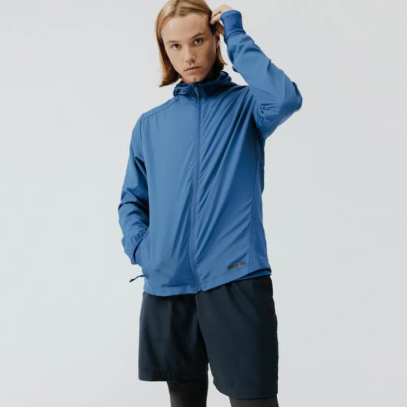 Giacca antivento running uomo RUN WIND azzurra