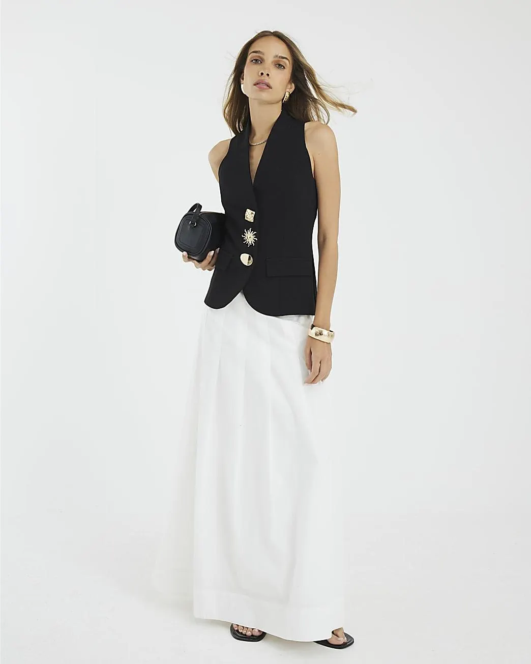 Black Sleeveless Button Detail Waistcoat