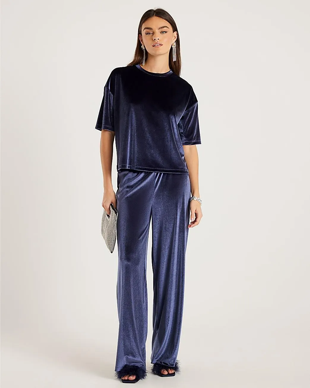 Navy Velvet Wide Leg Joggers