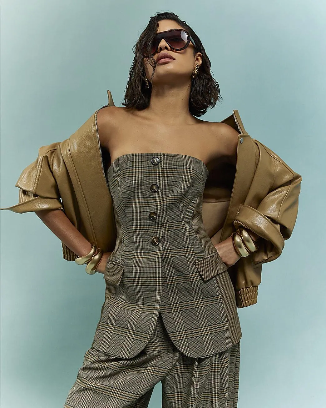 Brown Sleeveless Check Print Bandeau Top