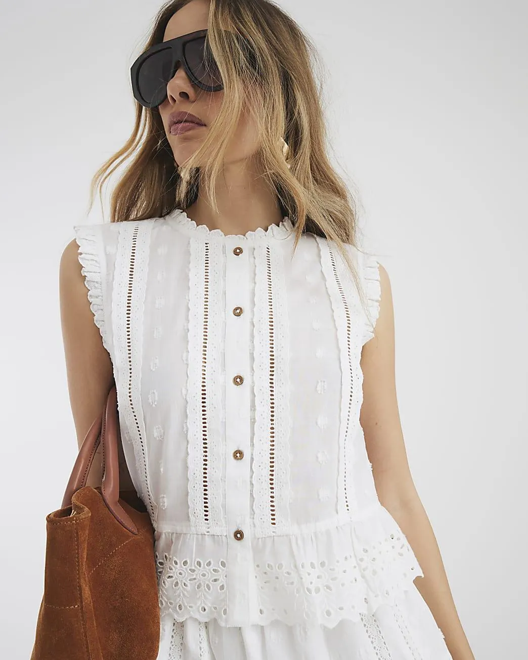 Cream Broderie Trim Blouse