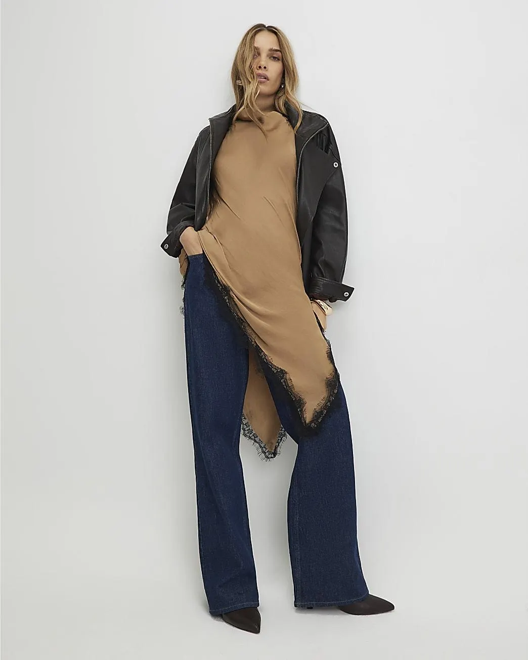 Beige Satin Longline Lace Trim Top