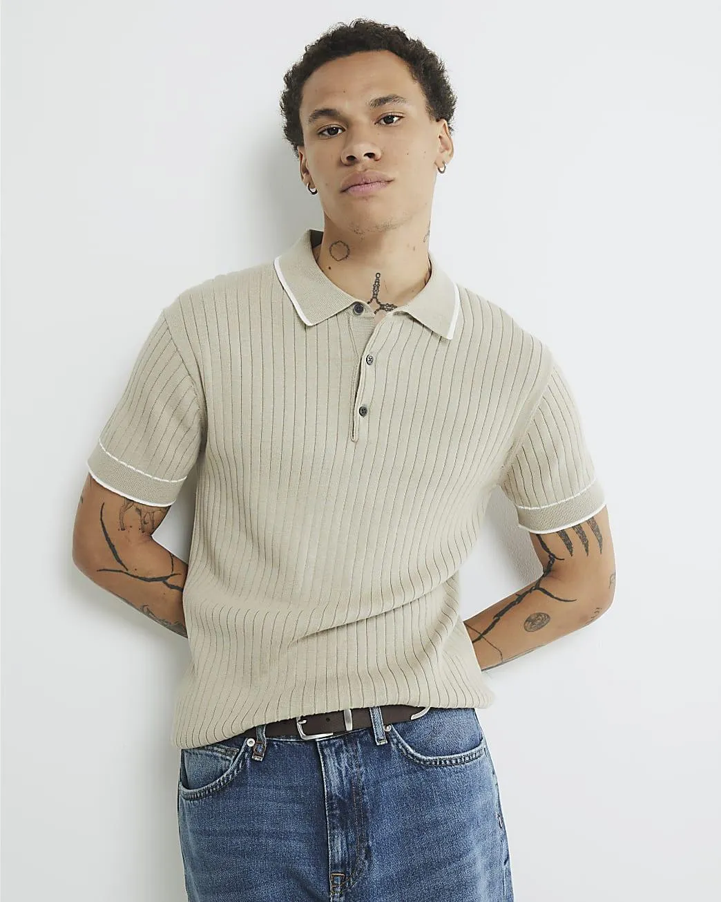 Beige Slim Fit Ribbed Polo Shirt
