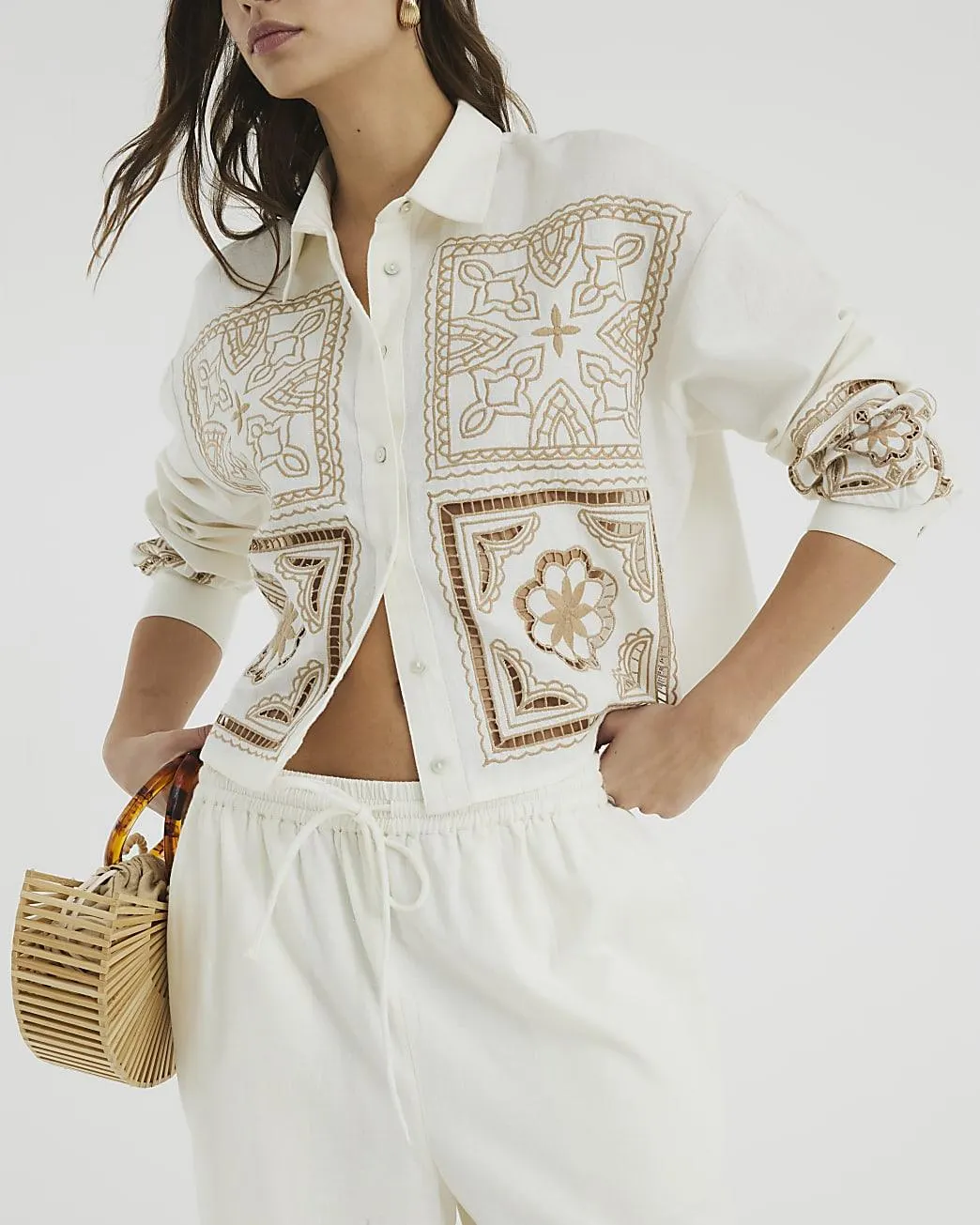 Cream Linen Blend Patchwork Broderie Trousers