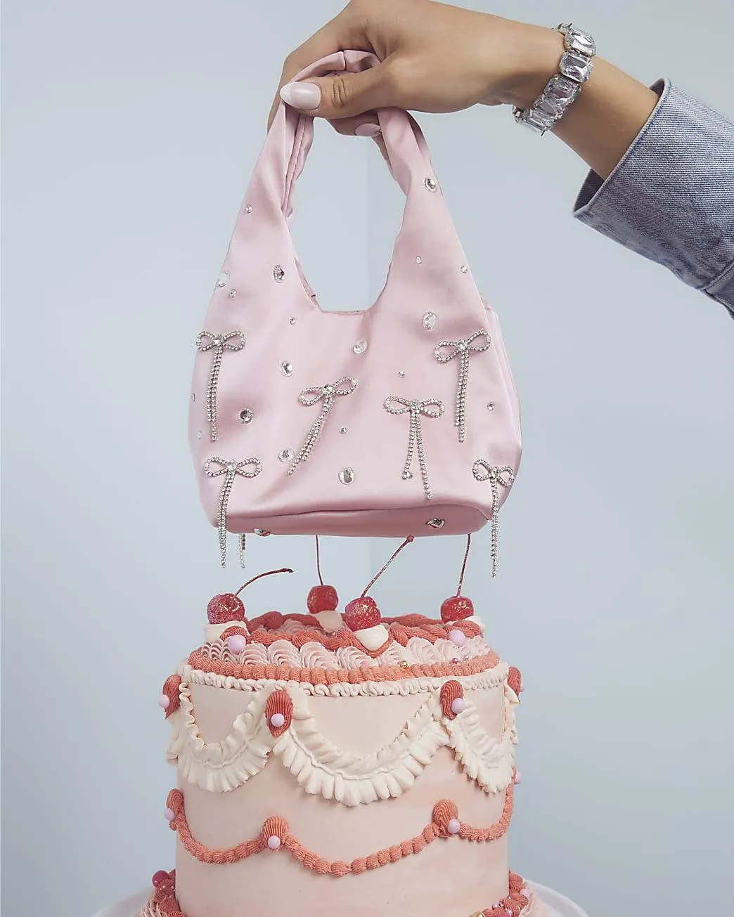 Pink Satin Diamante Bow Grab Bag