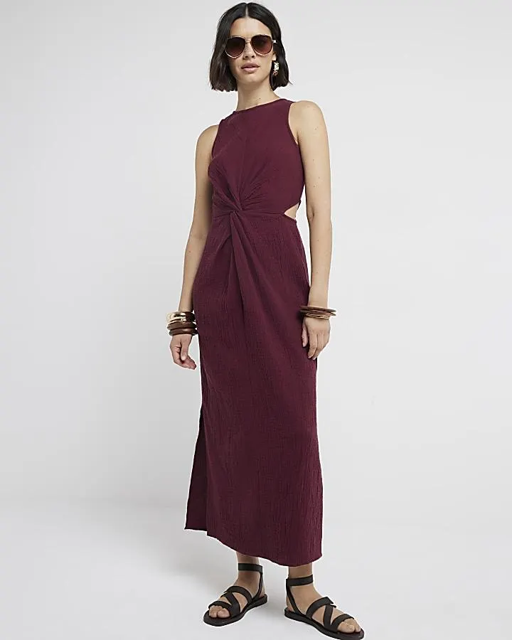 Red textured cut out smock midi dress