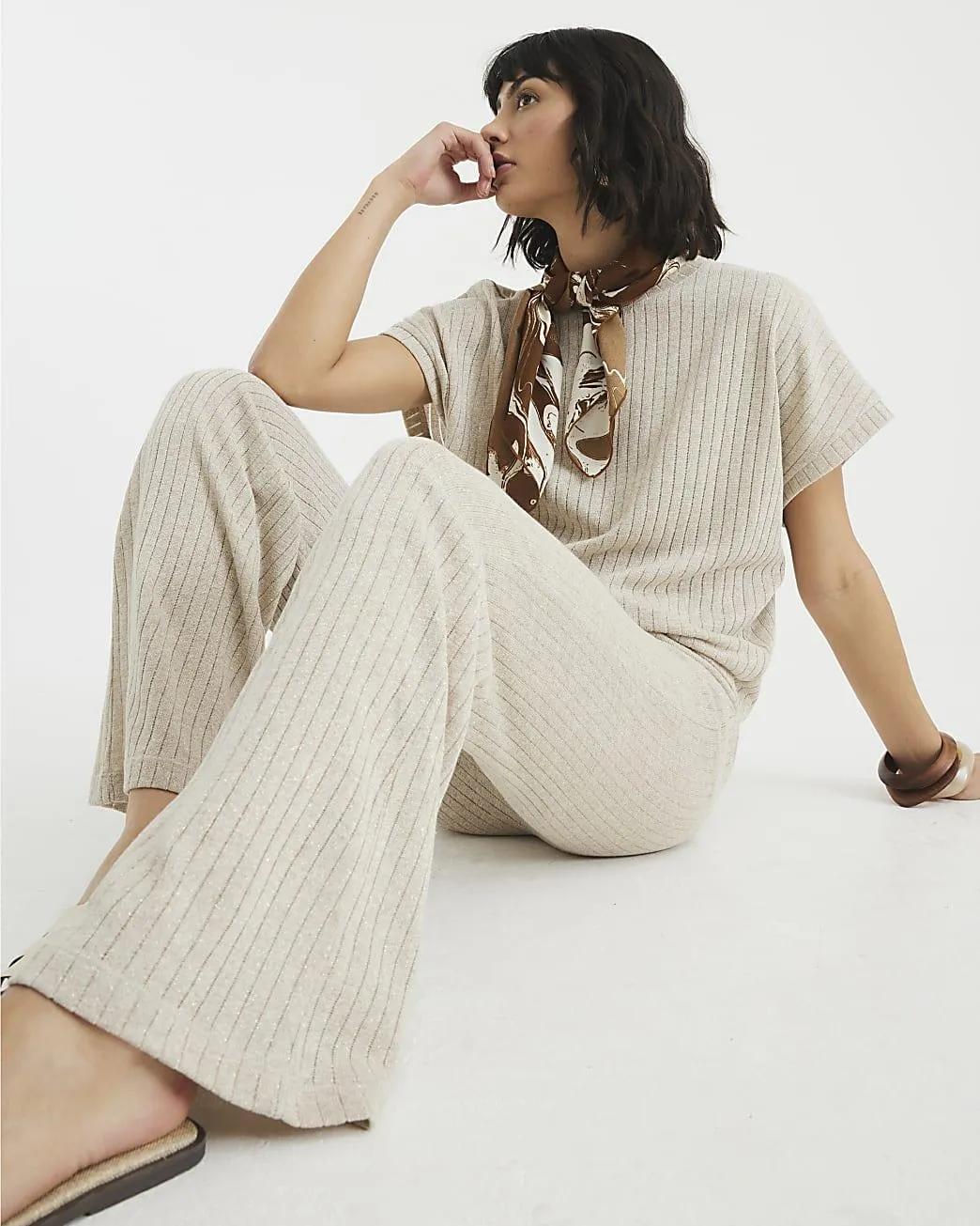 Gold Knit Ribbed Wide Leg Trousers