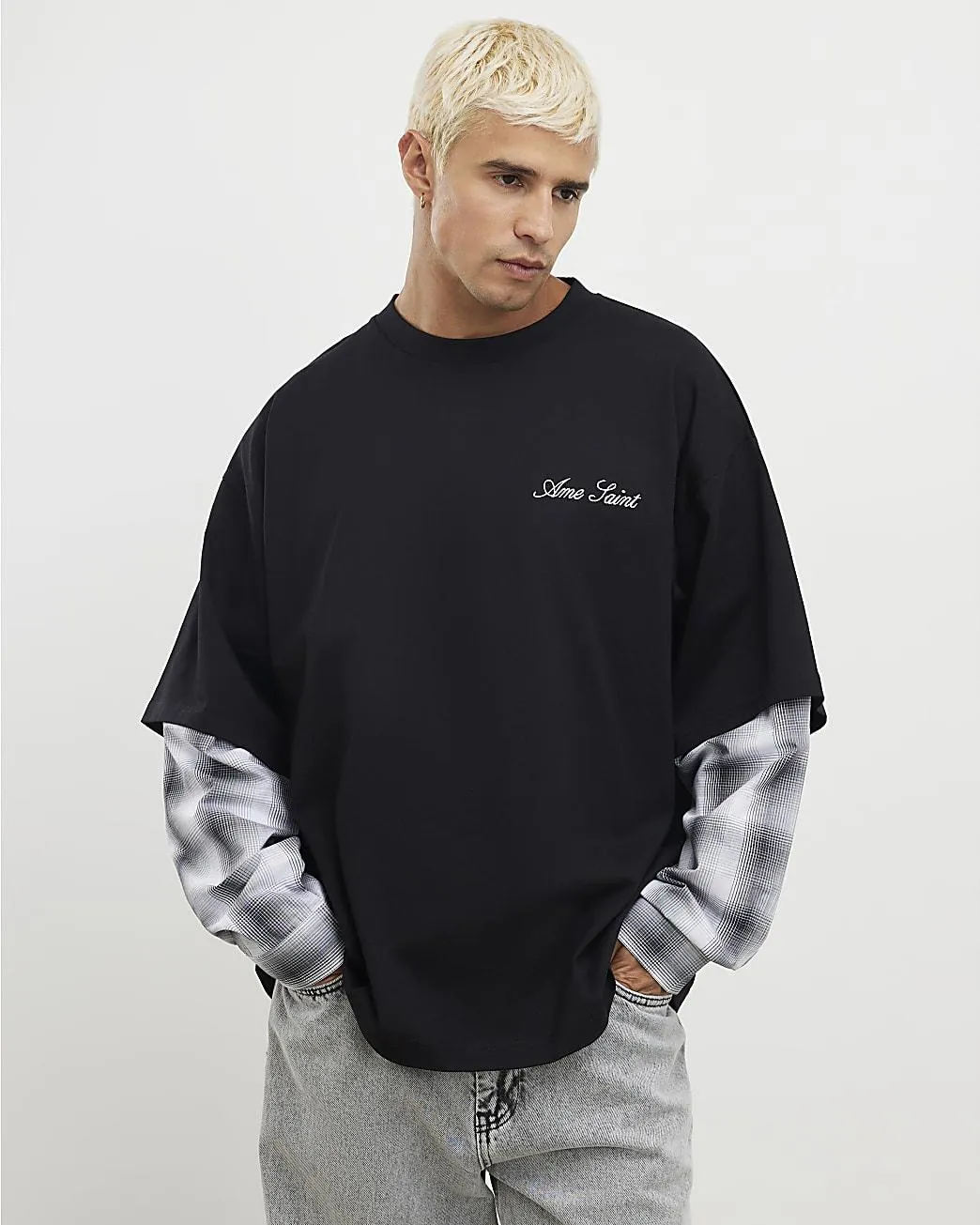 Black Oversized Fit Layered Check T-Shirt