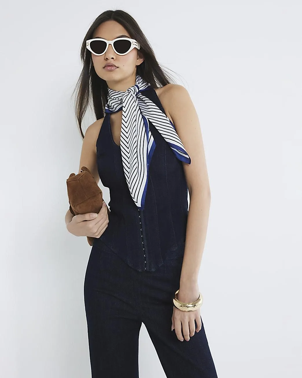 Blue Denim Halter Neck Corset Top