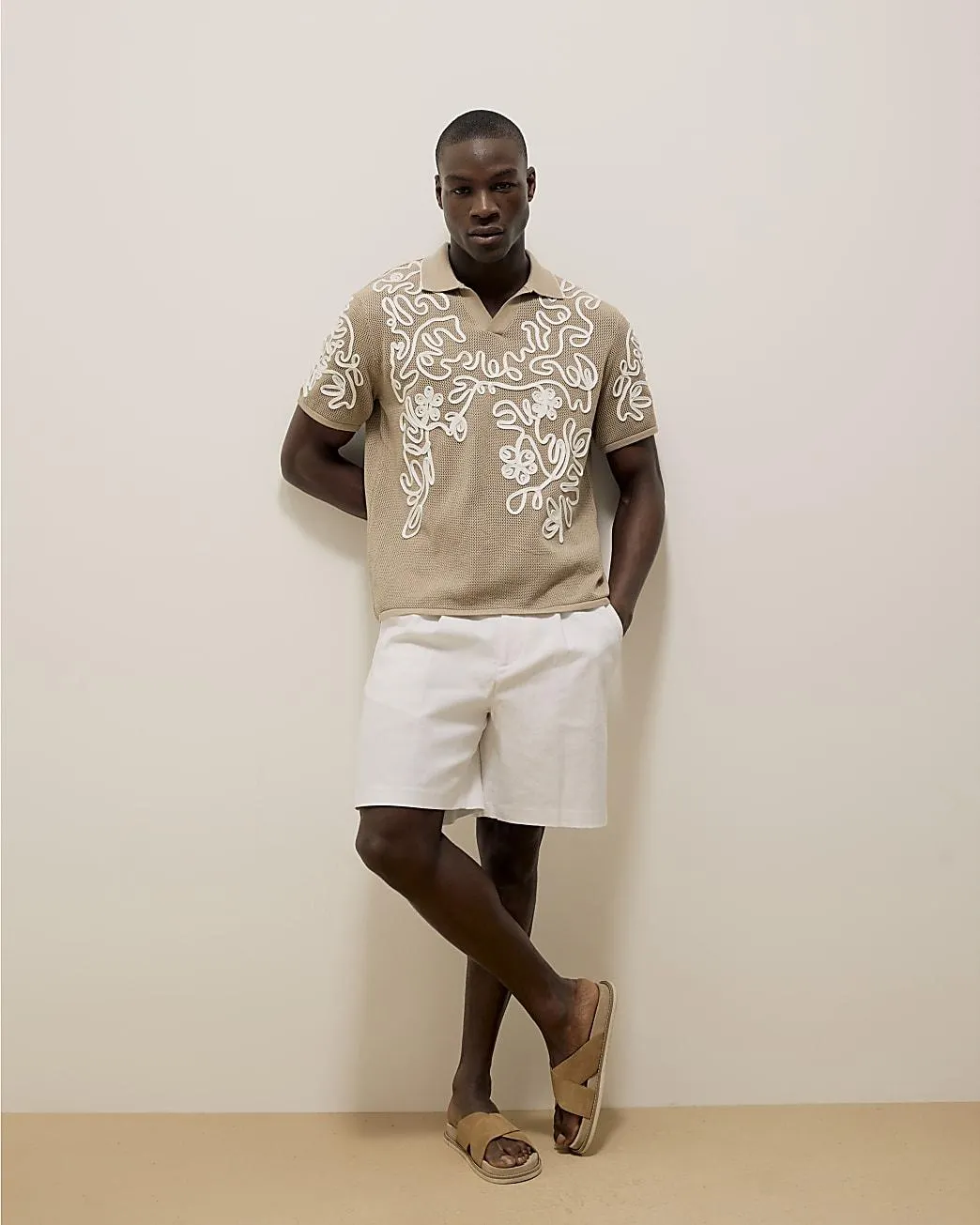 White Relaxed Fit Linen Blend Shorts