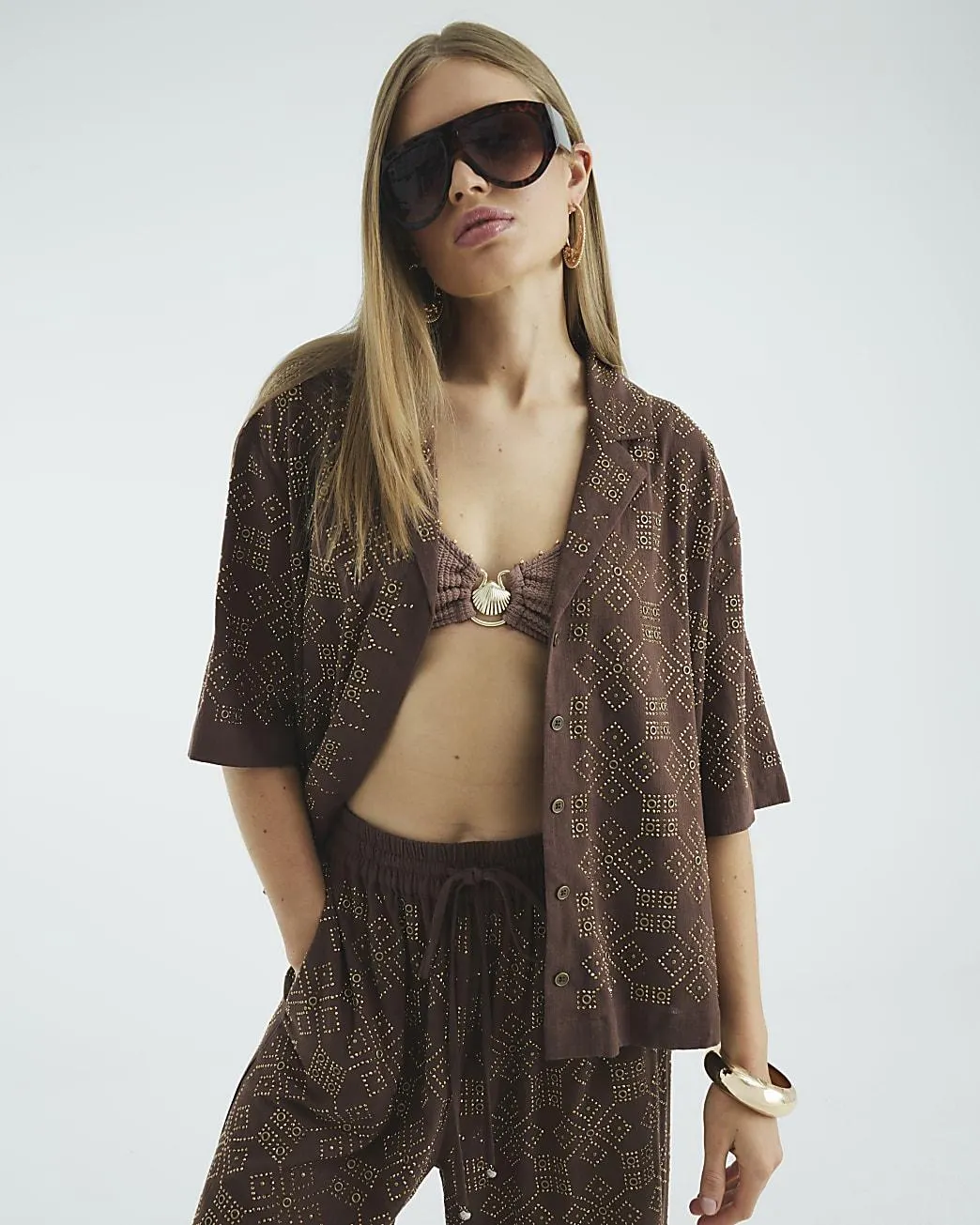 Brown Stud Embellished Short Sleeve Shirt