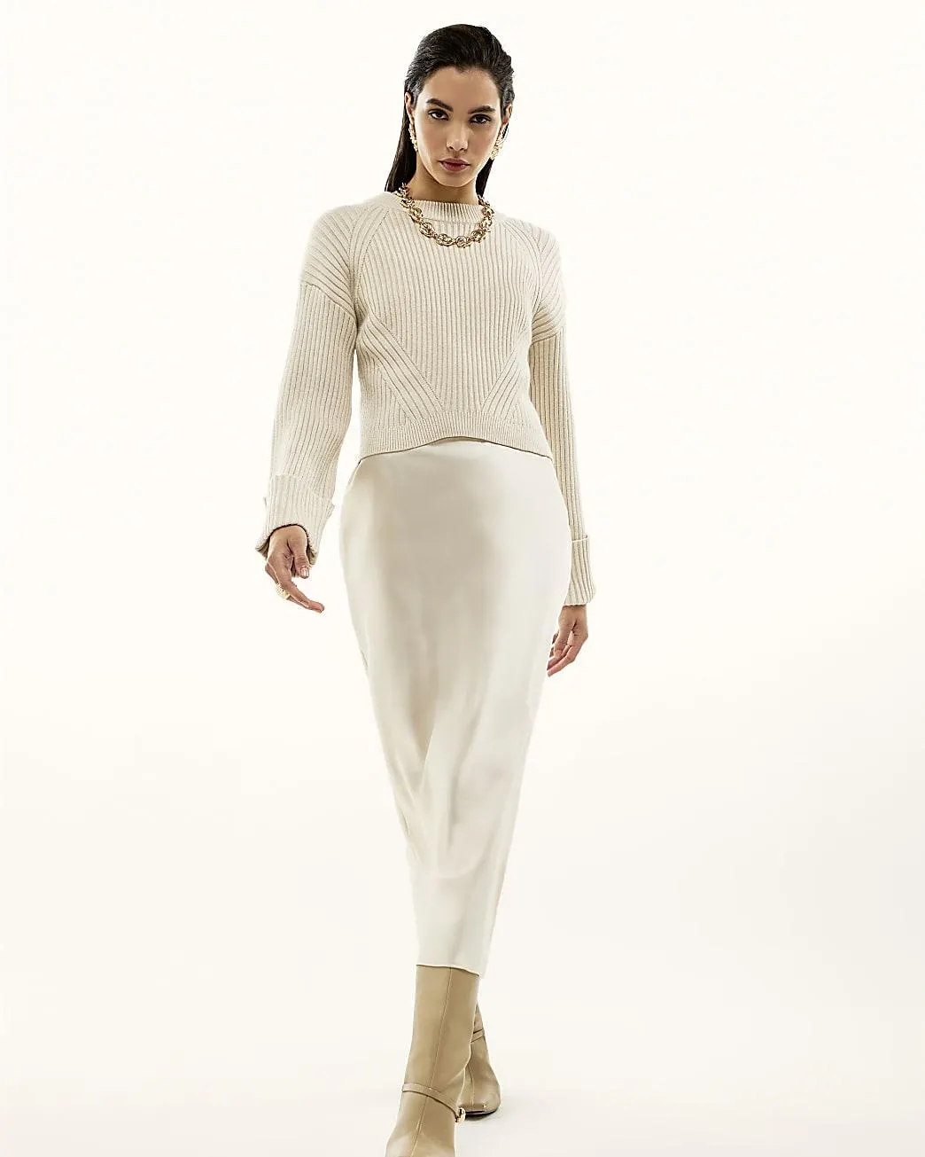Cream Satin Hybrid Jumper Midi Dress