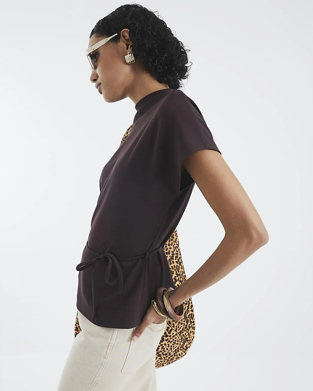 Brown Premium Short Sleeve Belted T-shirt