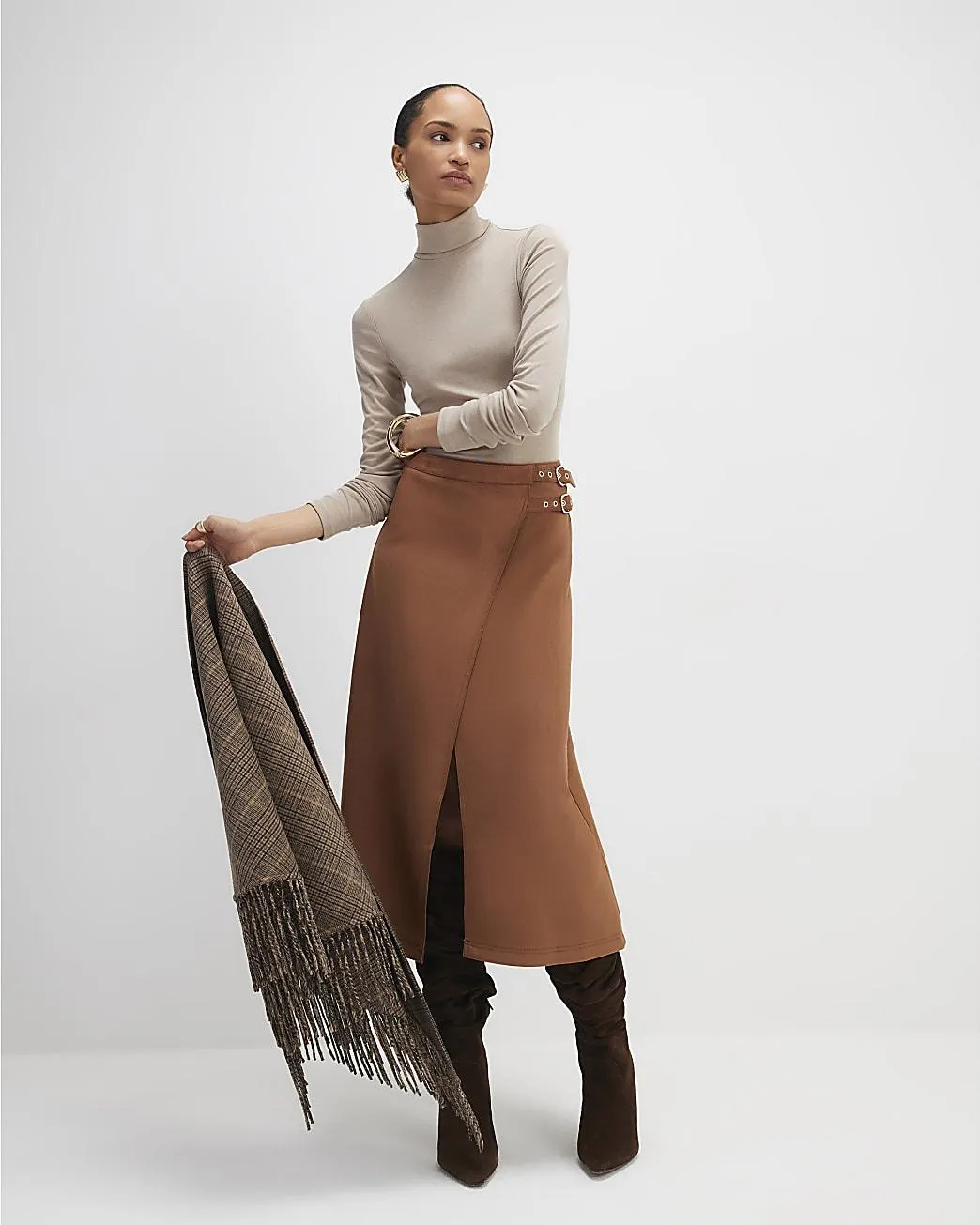 Brown Buckle Detail Wrap Midi Skirt