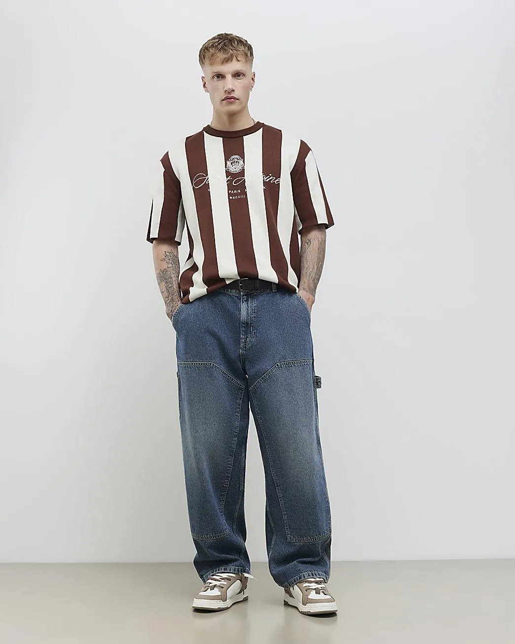 Brown Oversized Fit Stripe Football T-Shirt