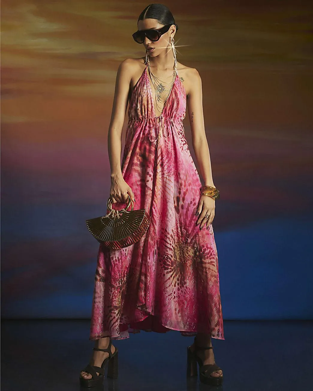 Pink Animal Print Halter Neck Beach Dress