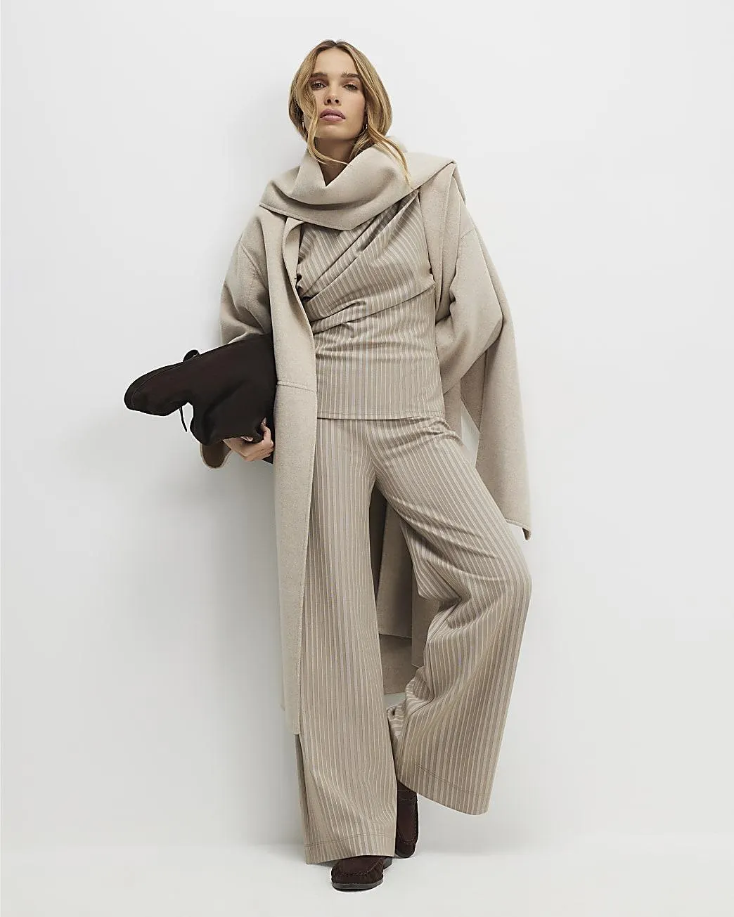 Beige Stretch Striped Wide Leg Trousers